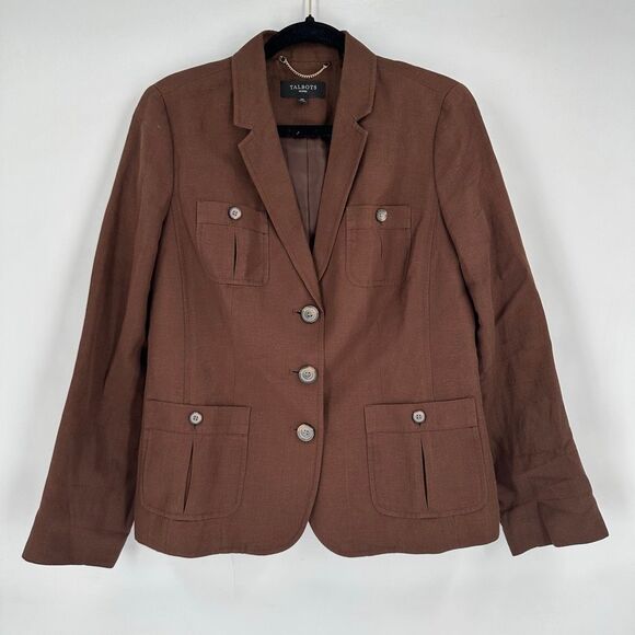 Talbots Women's Linen Blend Three Button Chocolate Brown Blazer Jacket Size 12 - Picture 1 of 7